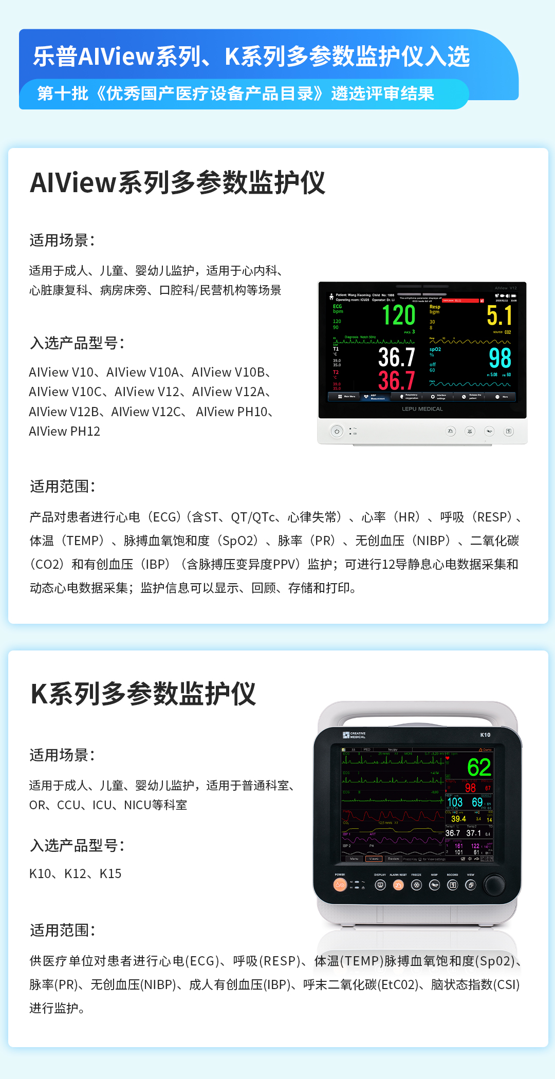 乐普AIView系列、K系列多参数监护仪入选第十批《优秀国产医疗设备产品目录》！